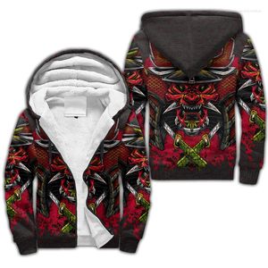 Herrtröjor mode oni mask samurai tatuering mönster 3d tryckt vinter tjockare zip hoodie unisex casual hooded coat tracksuit fleece jacka jacka