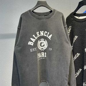 Designer Balencaigass Mens Hoodies Home B Washing Paris Band Crown Wheat Ear Print Borsted Loose Round Guards Cracked and Womens tröjakläder