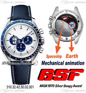 GSF Moonwatch A7750 Otomatik Kronograf Erkek Saat Gümüş Snoop Ödülü 50. Yıldönümü Beyaz Kadran Mavi Naylon Kumaş Kayış Gerçek Mekanik Animasyon Puretime