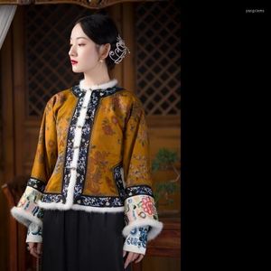 エスニック服yichengfengxu古代中国スタイルの女性冬のレトロなriditional cheongsamタンスーツ印刷qipaoドレス