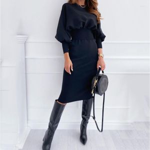 Abiti casual Abito da donna Elegante autunno inverno manica lunga vita stretta moda O-collo Office Lady tinta unita Vestido Femme