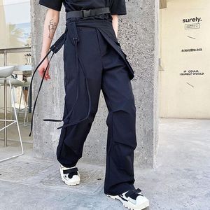 Calça masculina homens saia removível casual calça machinha corea japão estilo streetwear hip hop branco preto funcional longa calça longa