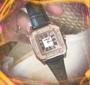 인기있는 Suqare 다이아몬드 반지 베젤 레이디 골드 시계 36mm 로마 다이얼 쿼츠 정품 가죽 벨트 시계 여성 하드 플렉스 유리 손목 시계 선물 Orologio di lusso