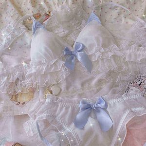 Sutiãs conjuntos de orelhas de coelho menina saia bonito roupa interior branco triângulo copo sem anel de aço sutiã com cuecas conjunto senhoras grande tamanho lingerie t220907