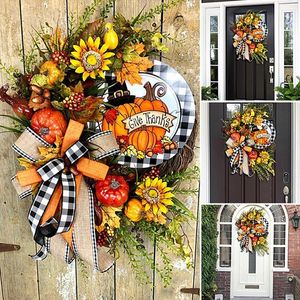 Dekorativa blommor Färgglada träkransens ytterdörr hängande Thanksgiving Sunflower Autumn Pumpkin Artificial Flower Garlands