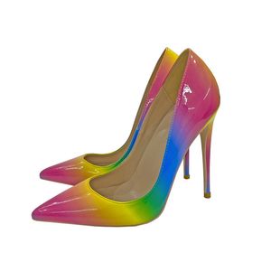 Frauen sexy roter Boden Stiletto Schuhe Gr￶￟e 34-45 extrem hohe Heels Regenbogen farbenfrohe Patentleder 12 cm flach rote Solted Damen Speced Toe Pumps Party Schuh