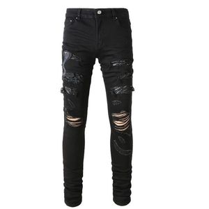 Jeans miri azul outono de outono aninheiro bordado de retalhos jeans calças de motocicleta de moto de rua rasgou jeans jeans de jeans de zíper jeans Jean Homme 87e3