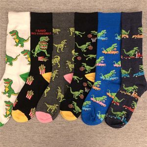 Meias masculinas Happy Funny Funny Adult Adult Mid Calf Crews Sport Sport Tyrannosaurus Rex Dinosaur Fire Jurassic Período Parque French Fries Play Basketball T221011