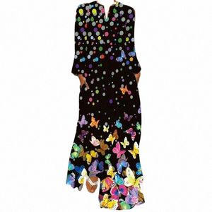 Casual jurken Butterfly Print Long Pocket Dress Women Fashion V Neck Maxi Party Sleeve Autumn Elegant Kleider Damen G3 H22V