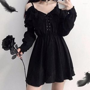Casual Dresses Women Dress Plus Size 4XL Lace Up Black Autumn High Waist Female Off Shoulder Long Sleeve Gothic Clothes