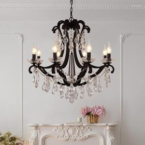 Chandeliers Rustic Iron Crystal Chandelier For Farmhouse Living Room Dining Kitchen Matte Black Led Candle Ceiling Pendant Lighting Fixture
