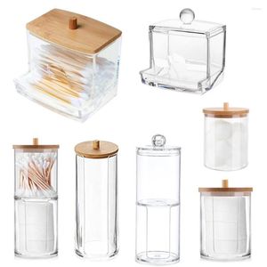 Storage Boxes Acrylic Makeup Cotton Pad Organizer Box For Swabs Rod Cosmetics Jewelry Bathroom Qtip Container With Bamboo Lid