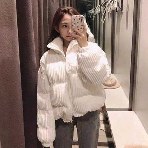Women's Down Corduroy Jacket Women Winter Warm Cotton Padded Coat Zipper Solid Color Stand Collar Short Parkas Chic Loose Bread Outerwear T221012
