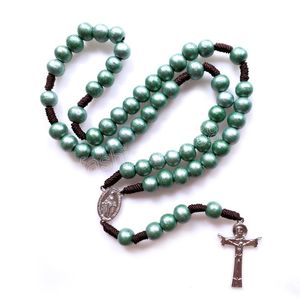 Collana con filo verde Legno Gesù Croce Rosario Vergine Cattolico Religioso Pregate Gioielli per uomo Donna