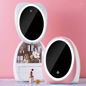 Borse cosmetiche HD Mirror Makeup Storage Organizer USB Charging Make Up Box Custodia tipo cassetto con luce a LED impermeabile e antipolvere