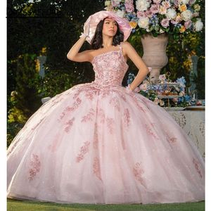 Seksowne Bling Quinceanera Sukienki różowe różowe cekinowe koronki jedno ramiona kryształowe koraliki cekiny suknia balowa vestidos de sukienka gościa gorset z tyłu 403