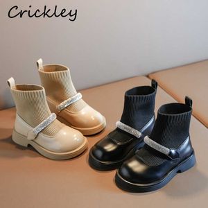 Boots Crystal Princess Kids Fashion PU Leather Knitted Solid Children Chelsea Slip On Socks Toddler Girls Ankle Shoes Y2210