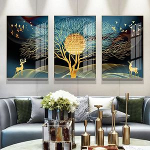 キャンバスペインティング水彩画のゴールデンアブストラクト鹿の鳥の壁アートキャンバスペインティングノルディックポスターとプリントリビングルームの家の装飾のための装飾的な写真