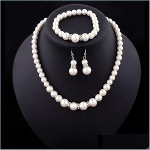 Set di gioielli da sposa Donne Fuce Pearl Gioielli Set di perline artificiali finte Collane Orecchini Bracciale Orecchini Bracciale Dhydq