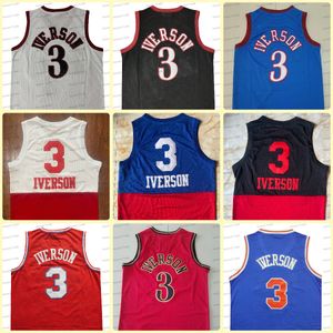 Retro-Basketballtrikot 3 Allen Iverson Schwarz Weiß Rot Geteilte farblich passende Vintage Herren-Trikots mit Mesh-Rückseite