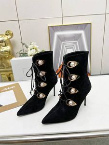 Luxury New Womens High Heel 9.5CM Boots Ankle Winter Martin Knight Lace Up Pearl Motorcycle Sexy Size 35-42
