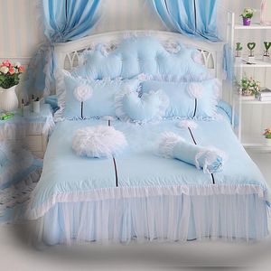 Bedding Sets Korean Princess Bedspread Set White Lace Flowers Duvet Cover Bed Skirt Pillowcases Solid Color Cotton Home Textile