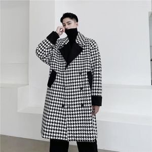 Men's Wool Men Houndstooth Double Breasted Loose Plaid Woolen Trenchcoat Autumn Winter Male Streetwear Vintage Casual Trench Jacket