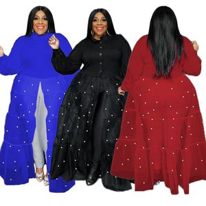 5xl Plus Size Long Dress Women Mesh Ruffle Splei mit Perlengewand Herbst Mody Streetwear Oversize Maxi Shirt