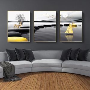 Płótno malowanie akwareli nowoczesny plakat krajobrazowy czarny żółty kamienna łódź jelenia Murowe obrazy sztuki nordyckie