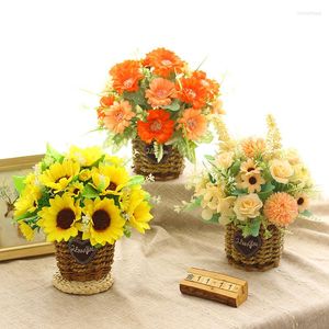 Decorative Flowers Handmade Straw Flower Basket Retro Artificial Pastoral Style Rose Lily Peony Gerbera Bonsai Vase Plant Home Decoration