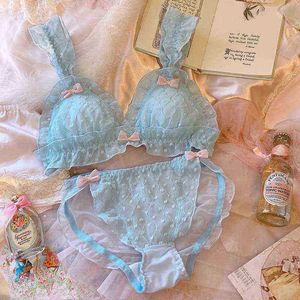 Bras sätter underkläder tjej fairy bowknot chiffon tunn stil söt ingen stålring triangel cup bh set kvinnor stor storlek brvalette trosor 2 st t220907