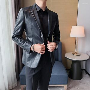 Men's Fur British Style Men Solid Slim Suit Jacket High Quality PU Leather Men's Business Casual Prom Blazer S-3XL