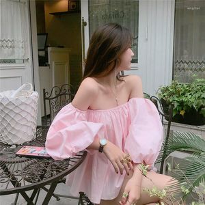 Women's Blouses Fashion Summer Holiday Pink White Short Shirt Sexy Girl Slash Neck Strapless Crop Top Puff Sleeve Off Shoulder Slim Chic