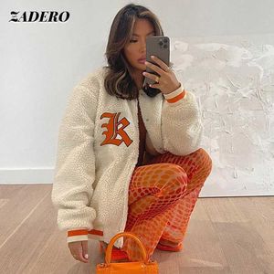 Women's Down Parkas Autumn Winter Baseball Varsity Jacket Women 2021 Overized Bomber Y2k Loose Long Sleeve Fashion Fur Faux Vintage Coat T221011