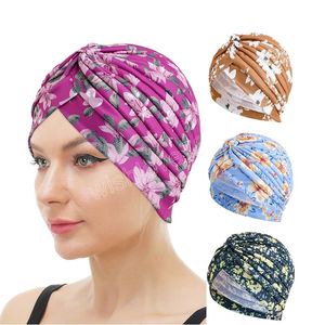 Blumendruck-Rüschen-Turban-Hut, geknoteter Stil, Headwrap, muslimische Frauen, Hijab, weibliche indische Hüte, Krebs-Kappe, Mützen, Kopfbedeckung