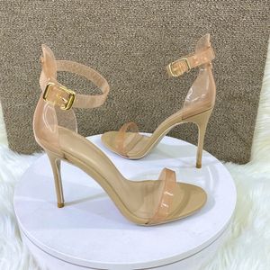 Red Bottom Brand Sandal Women Ankle Strap Transparent PVC 10cm High Heel Stiletto Sandals Open Toe Summer Red Sole Pumps Party Dress Shoes