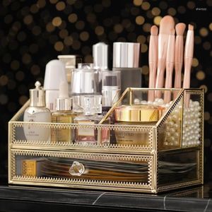 Storage Boxes Golden Glass Cosmetic Box Makeup Organizer Perfume Bathroom Make Up Tools For Cotton Pads Jewelry Display Rack