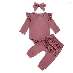 Set di abbigliamento Born 3Pcs Infant Baby Girls Felpa con volant Pagliaccetto Top Leggings Pantalone Abiti Set di vestiti Manica lunga solida