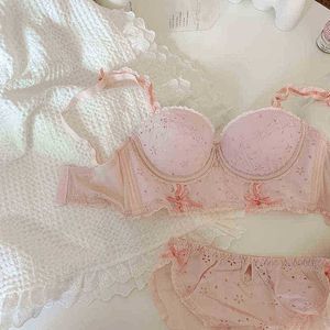 Bras Sets Lace sweet girl no steel ring bralette small chest gathers and collects breasts underwear set ladies push up bra with panty suit T220907