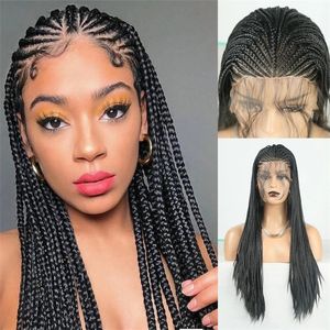 Heat Resistant Synthetic Hair Lace Frontal Wig Black Color Long Box Braids for Black Women Fast Express Delivery