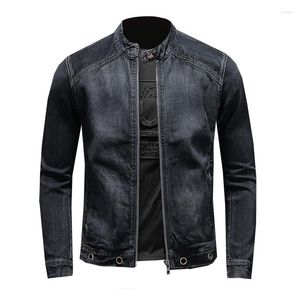 Jaquetas masculinas Stand Bonjean Collar Homens Motociclista Jeans Patchwork Denim Homem Slim Fit Streetwear Jaqueta Vintage Casaco Primavera