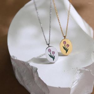Collane con ciondolo RHYSONG Vintage Tulip Flower Oval Cute Gioielli in acciaio inossidabile Catena clavicola Squisito girocollo girocollo