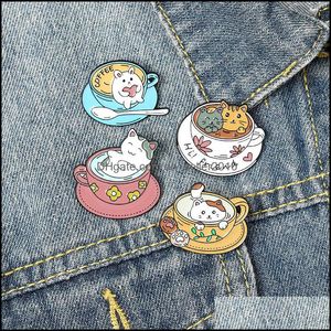 Pins Brooches 20Pcs/Lot Cute Cartoon Coffee Cat Cup Brooches Alloy Enamel Collar Flowers Pins Friend Women Men Design Jewelry Acces Dhqdc