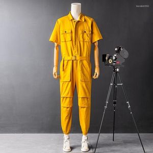 Men's Pants Style Japanese Vintage Biker Turn-Down Collar Short Sleeve Casual Playsuit Mens Summer Jumpsuits Fashion Male Overalls