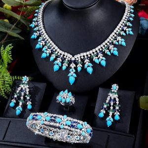 Boucles d'oreilles de collier Set Godki Turquoise Luxury African For Women Wedding Party Zircon Crystal Dubai Bridal Jewelry Gift