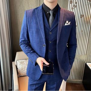 Men's Suits 3 Piece British Style Men Plaid Slim Fit Party High End Custom Business Formal Wedding Dress Blazer Vest Pants 4XL 5XL