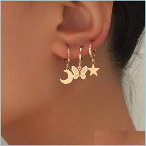 Hoop Huggie 4 Styles Gold Color Metal Star Moon Butterfly Pendant Hoop ￶rh￤ngen Fashion Women Girls Geometry Minimalistiska smycken GI DHFHZ