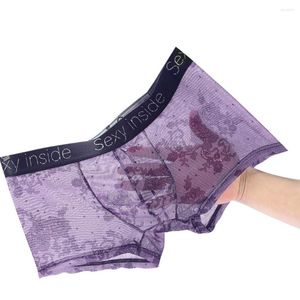 Underpants Men See Through Boxers Traceless Briefs Shorts Bulge Pouch Underwear Panties Mesh Sheer Ice Silk Slip Homme