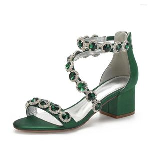 Sandals Sparkling Big Stone Crystal Lady Satin Wedding Dress Shoes Summer Bridal Thick Heels Party Prom Club Cocktail