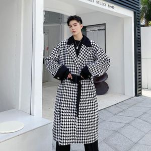 Men's Wool Men Houndstooth Loose Plaid Woolen Trenchcoat Autumn Winter Male Streetwear Vintage Casual Trench Jacket Outerwear